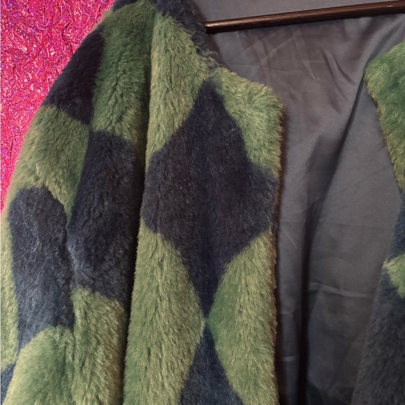 Lala Blue & Green Checkered Faux Fur Coat - Picture 9 of 12